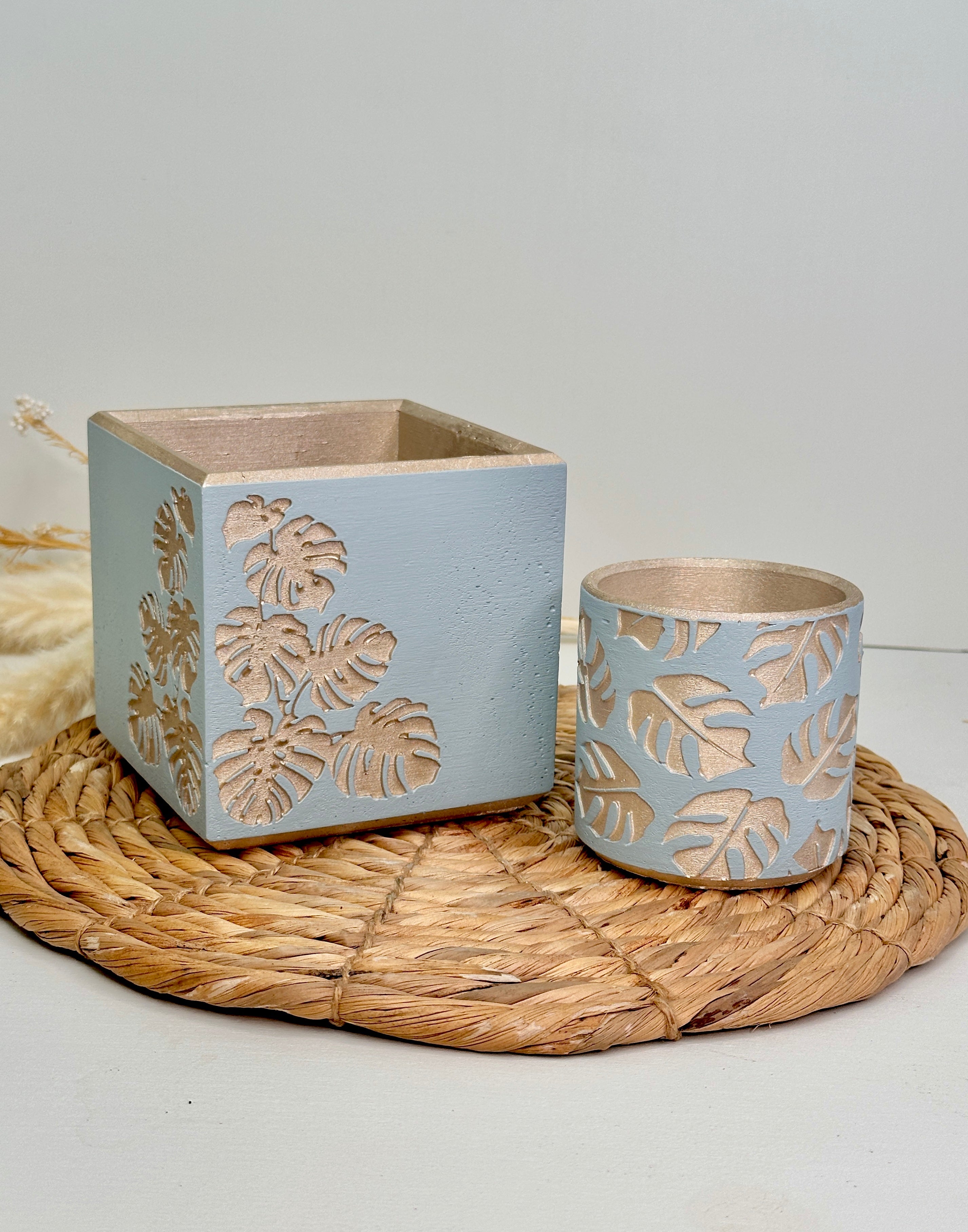 monstera leaf design blue and gold pots handmade planters